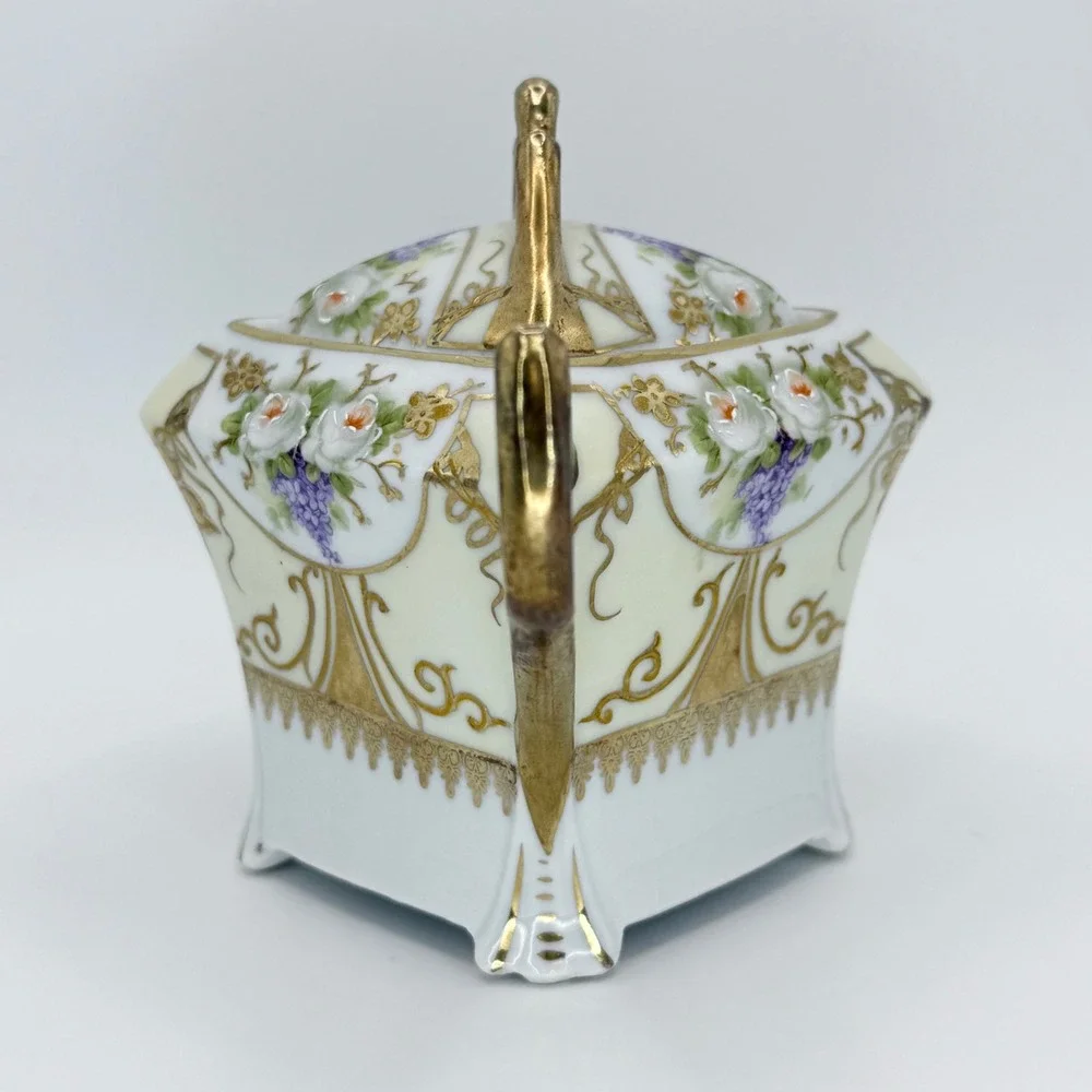 Vintage Silesia Porcelain Sugar Bowl with Lid Gold Gilt Floral Design‎ Coquette